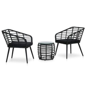 Chic Black Poly Rattan Bistro Set Outdoor Patio Furniture with Glass Table