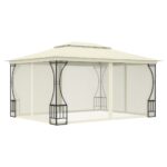 Luxurious Cream Outdoor Gazebo with Nets UV Resistant Polyester Sunshade Shelter