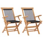 Folding Teak Wood Garden Chairs Set of 2 Durable Outdoor Patio Furniture Black