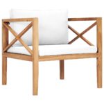 Outdoor Patio Lounge Chair Solid Teak Wood Cream Cushions Comfortable Durable