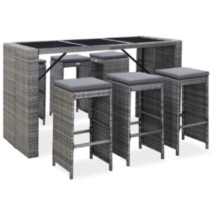 7 Piece Garden Bar Set with Cushions Poly Rattan Grey