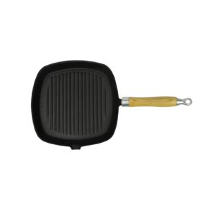 Cast Iron Grill Pan Skillet with Wooden Handle Non-Stick for BBQ & All Hobs