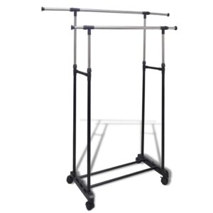 Adjustable Stainless Steel Clothes Rack Portable Dual Rail with Castors