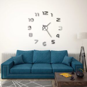 Extra Large Silver 3D Wall Clock Modern DIY High Gloss Decorative Timepiece