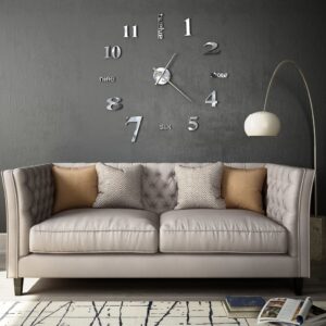 Extra Large Silver 3D Wall Clock Modern DIY High Gloss Decorative Statement Piece