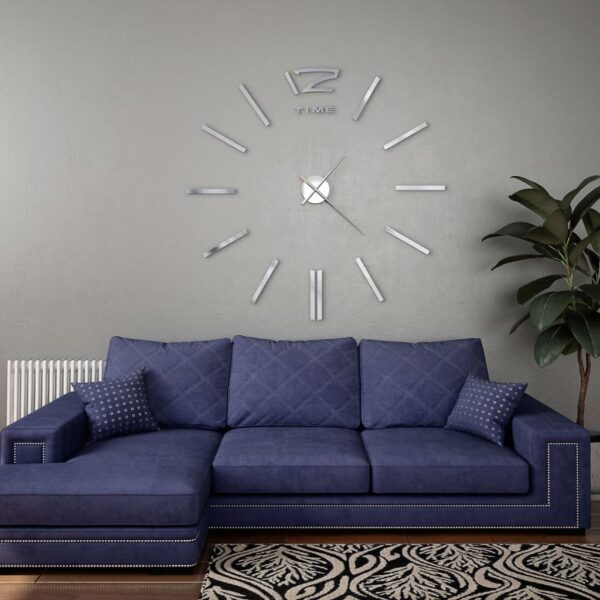 Extra Large Silver 3D Wall Clock Modern DIY Glossy Room Decor Easy Install 100cm