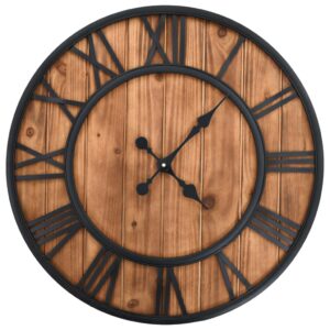 Vintage Wall Clock Quartz Movement Wood Metal Roman Numerals Home Decor Brown Black