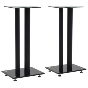 Tempered Glass Speaker Stands Pair Black Aluminum Pillars Skidproof Base Plate