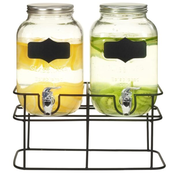 Vintage Glass Beverage Dispenser Set with Iron Stand Dual Drink Jars BBQ Party