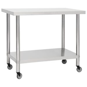 Stainless Steel Commercial Kitchen Prep Table with Storage on Lockable Wheels