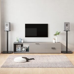 Black Tempered Glass Speaker Stands Pair Free-Standing Aluminium Pillar Design