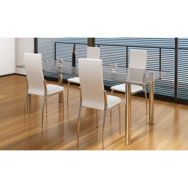 Modern Set of Four White Faux Leather Ergonomic Chrome Dining Chairs Comfort