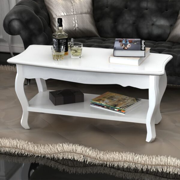 Chic White Lacquer Finish Coffee Table Dual Tier Storage Contemporary Design