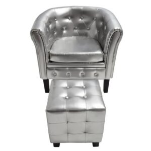 Elegant Silver Faux Leather Tub Chair and Footstool Set Luxurious Comfort