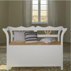 Elegant White Wooden Storage Bench Spacious Indoor Seating with Curved Armrests