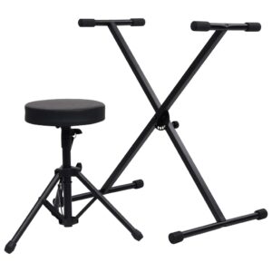 Adjustable Black Keyboard Stand and Comfort Padded Stool Set Portable Durable