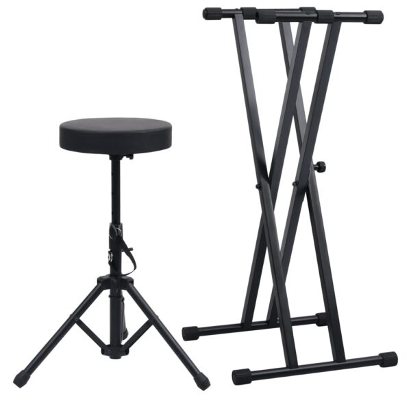 Adjustable Keyboard Stand and Stool Set Black Double Braced Comfort Seat Foldable