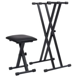 Adjustable Keyboard Stand and Stool Set Black Double Braced Portable Durable