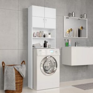 White Engineered Wood Laundry Storage Cabinet with Shelves and Doors Organizer