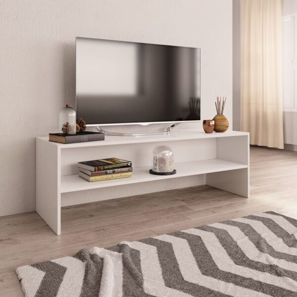 Chic White Engineered Wood TV Stand Cabinet with Open Storage Compartment