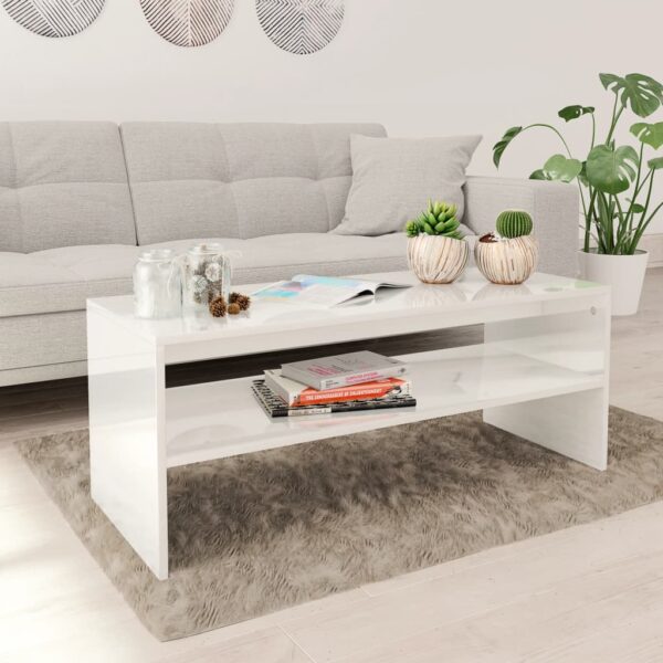 Elegant High Gloss White Coffee Table with Shelf Contemporary Scandinavian Design