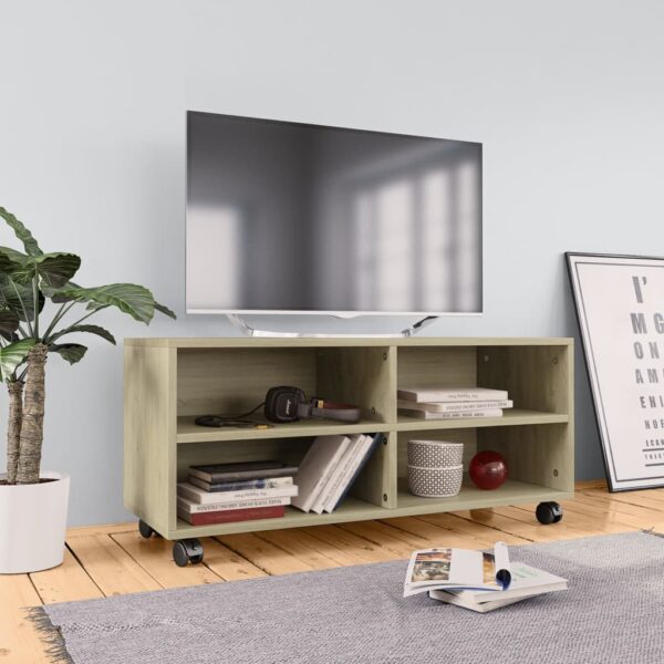 Sonoma Oak Engineered Wood TV Cabinet with Castors and Open Storage Compartments