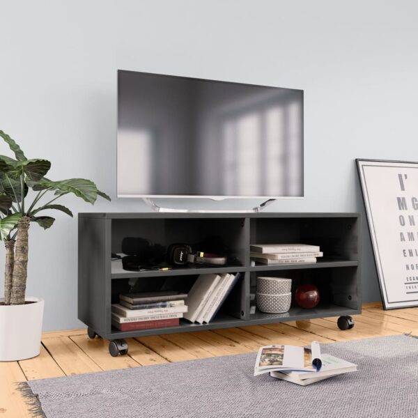 High Gloss Grey Engineered Wood TV Cabinet Stand with Castors and Storage Compartments