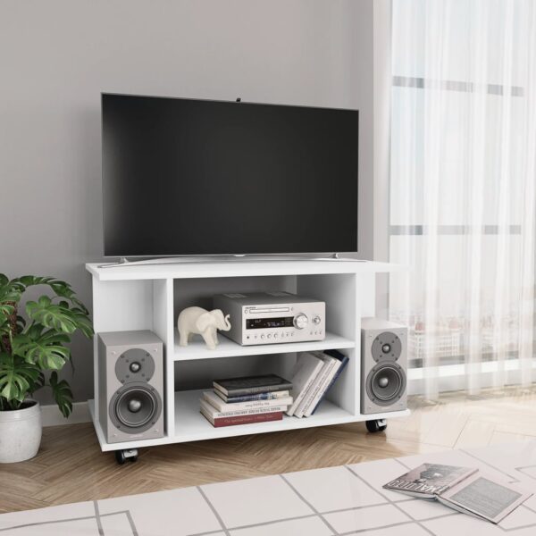 White Engineered Wood TV Stand Cabinet with Shelves on Castors Storage Organizer