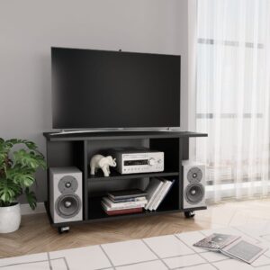 Black Engineered Wood TV Stand Cabinet with Shelves on Castors Storage Organizer