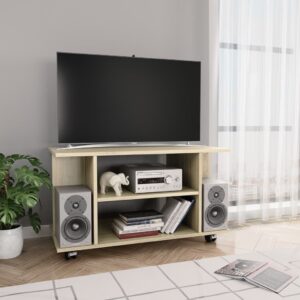 Sonoma Oak Engineered Wood TV Stand with Shelves and Rolling Castors