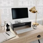 High Gloss Black Engineered Wood Monitor Stand with Storage Shelf Modern Design