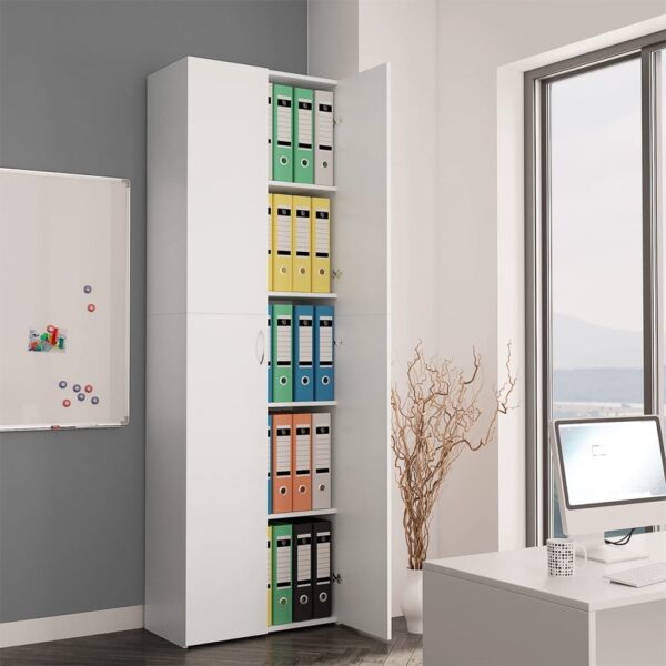 Elegant White Office Cabinet Minimalist Design with Shelves and Doors