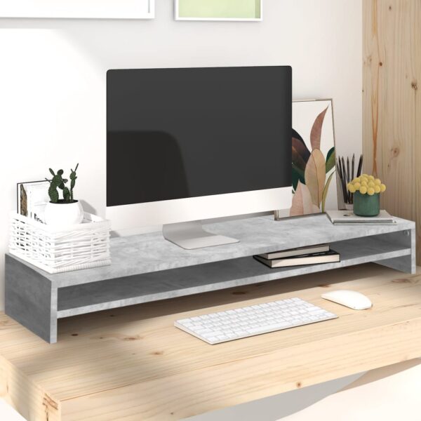 Ergonomic Wide Dual Monitor Riser Stand with Shelf in Concrete Grey Finish