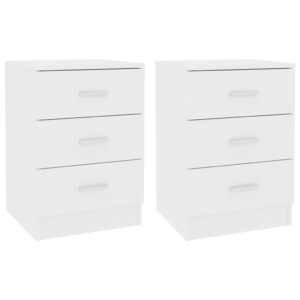 Elegant White Bedside Cabinet Pair with Three Drawers Engineered Wood Nightstand