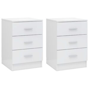 Elegant High Gloss White Bedside Cabinet Set with Three Drawers Storage Wood