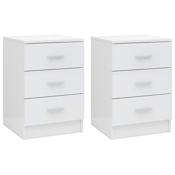 Elegant High Gloss White Bedside Cabinet Set with Three Drawers Storage Wood