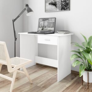 Modern White Engineered Wood Desk with Drawer for Home Office Study Compact