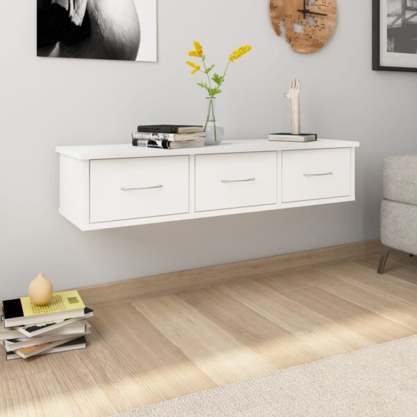 Chic White Floating Shelf with Drawers Wall-Mounted Storage Display Organizer