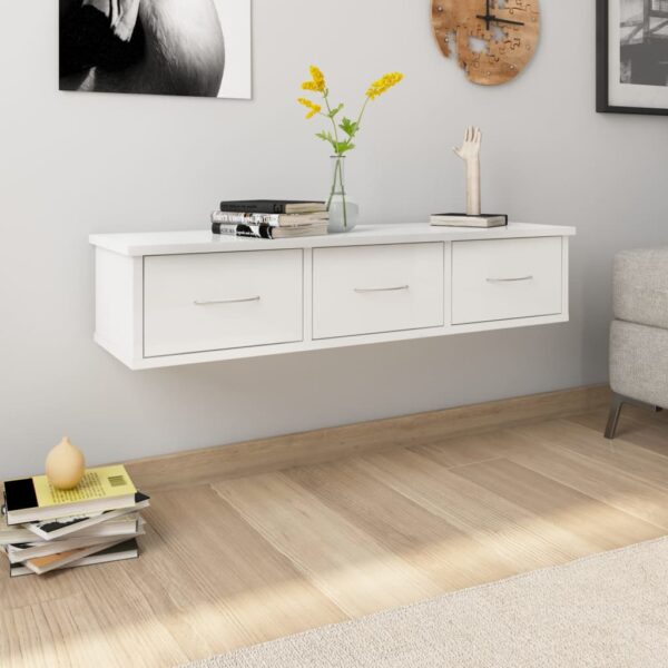 Chic High Gloss White Floating Shelf with Drawers Wall-Mounted Storage Organizer