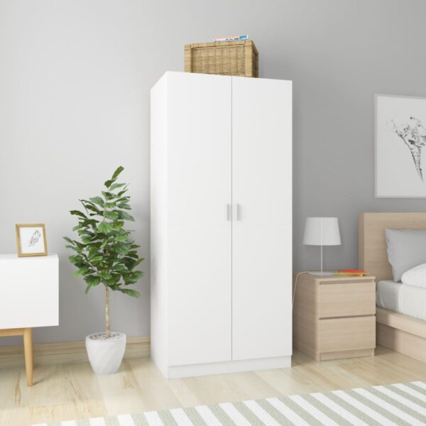 Chic White Engineered Wood Wardrobe with Hanging Rod and Storage Space