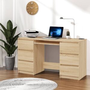 Sonoma Oak Finish Spacious Writing Desk with Six Drawers for Home Office