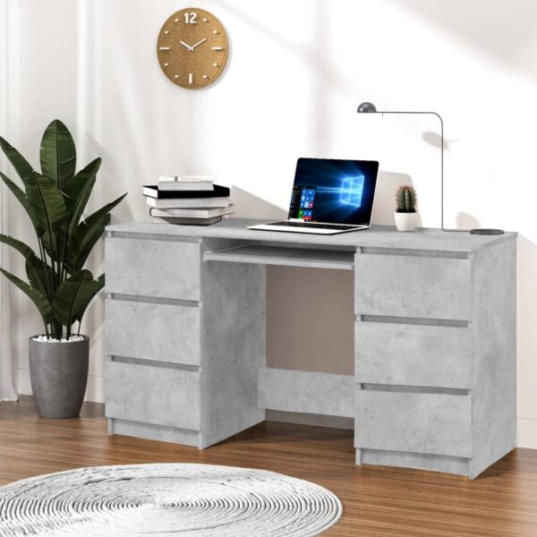 Stylish Concrete Grey Writing Desk Durable Engineered Wood with Six Drawers