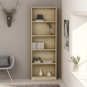 Chic Sonoma Oak Finish 5-Tier Engineered Wood Bookcase Display Shelves