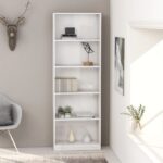 High Gloss White Modern Bookcase - Five Shelves Minimalist Engineered Wood Storage