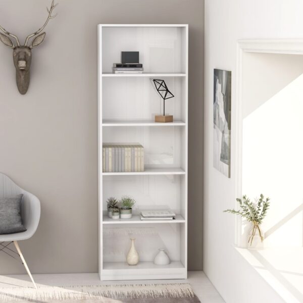 High Gloss White Modern Bookcase - Five Shelves Minimalist Engineered Wood Storage