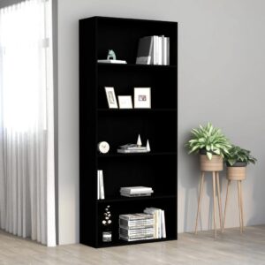 Chic Black Engineered Wood Bookcase - 5 Shelves Modern Minimalist Storage