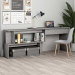 Modern Concrete Grey Engineered Wood Corner Desk Rotatable with Storage Space