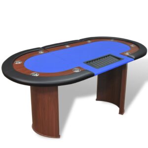 Deluxe Home Casino Poker Table Player Area Chip Tray Cup Holders Blue Felt Top