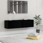 Chic Black Wall Mounted TV Stand Cabinet with Drop-Down Doors Storage Organizer