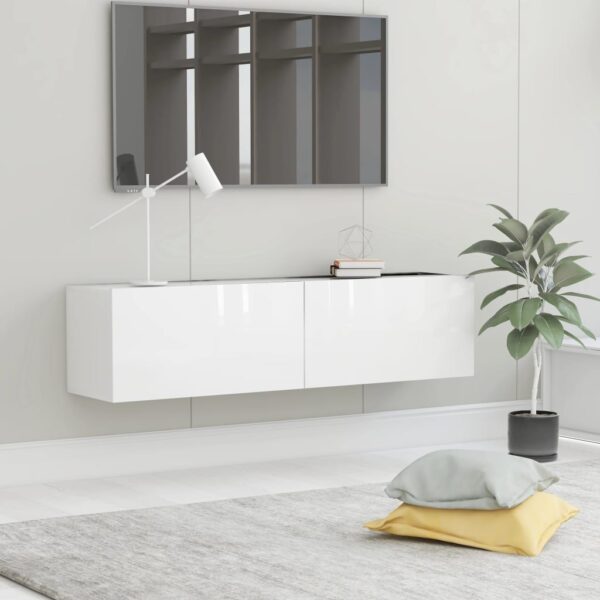 High Gloss White Wall Mounted TV Stand Cabinet with Drop-Down Doors Storage